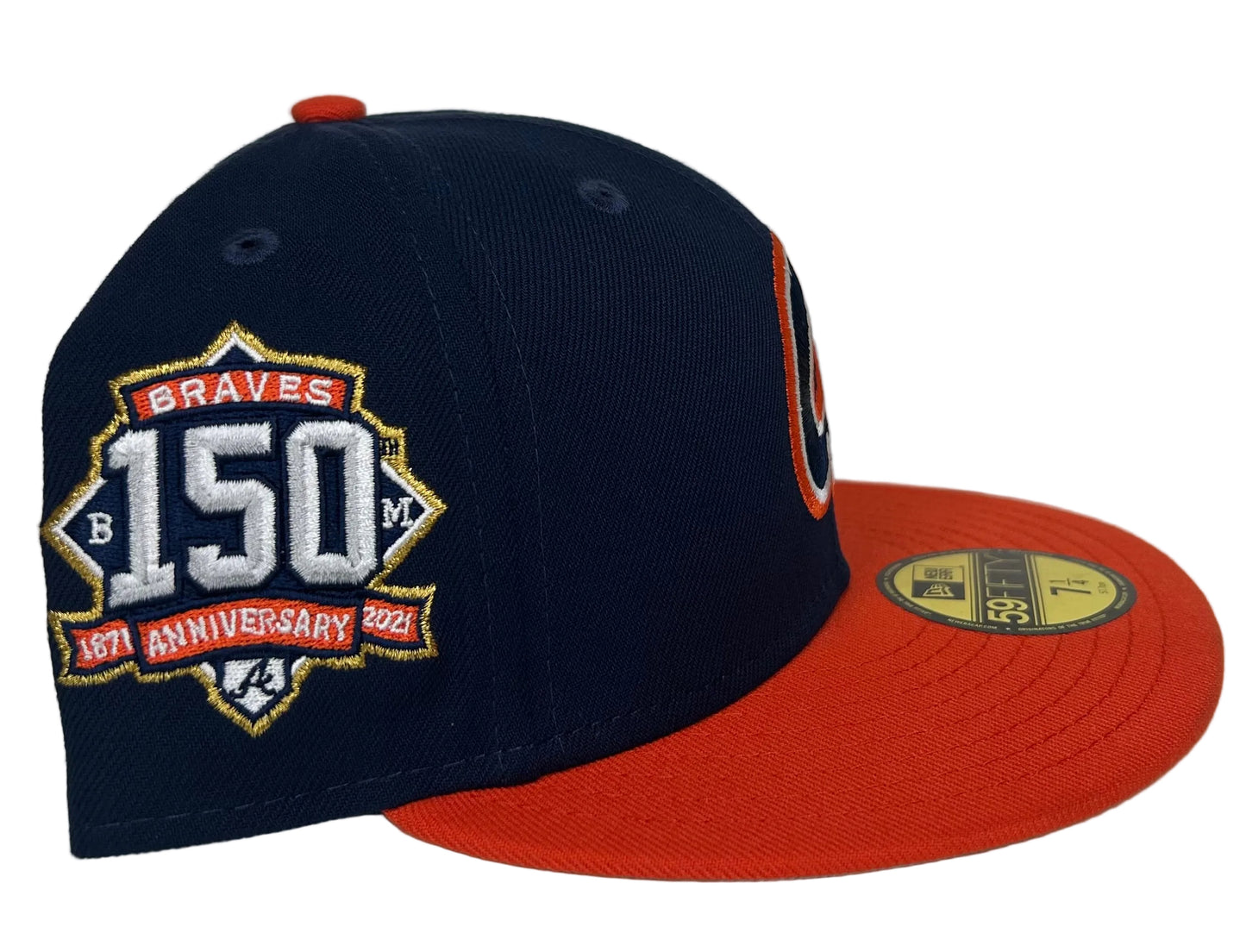 Atlanta Braves New Era 59FIFTY navy and orange 150th Anniversary fitted hat with a side patch.
