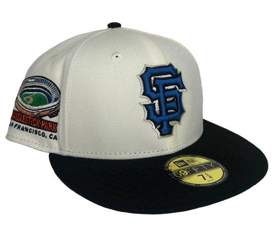 New Era San Francisco Giants 59FIFTY fitted hat features a white crown, black visor, and a special embroidered side patch of Candlestick Park.