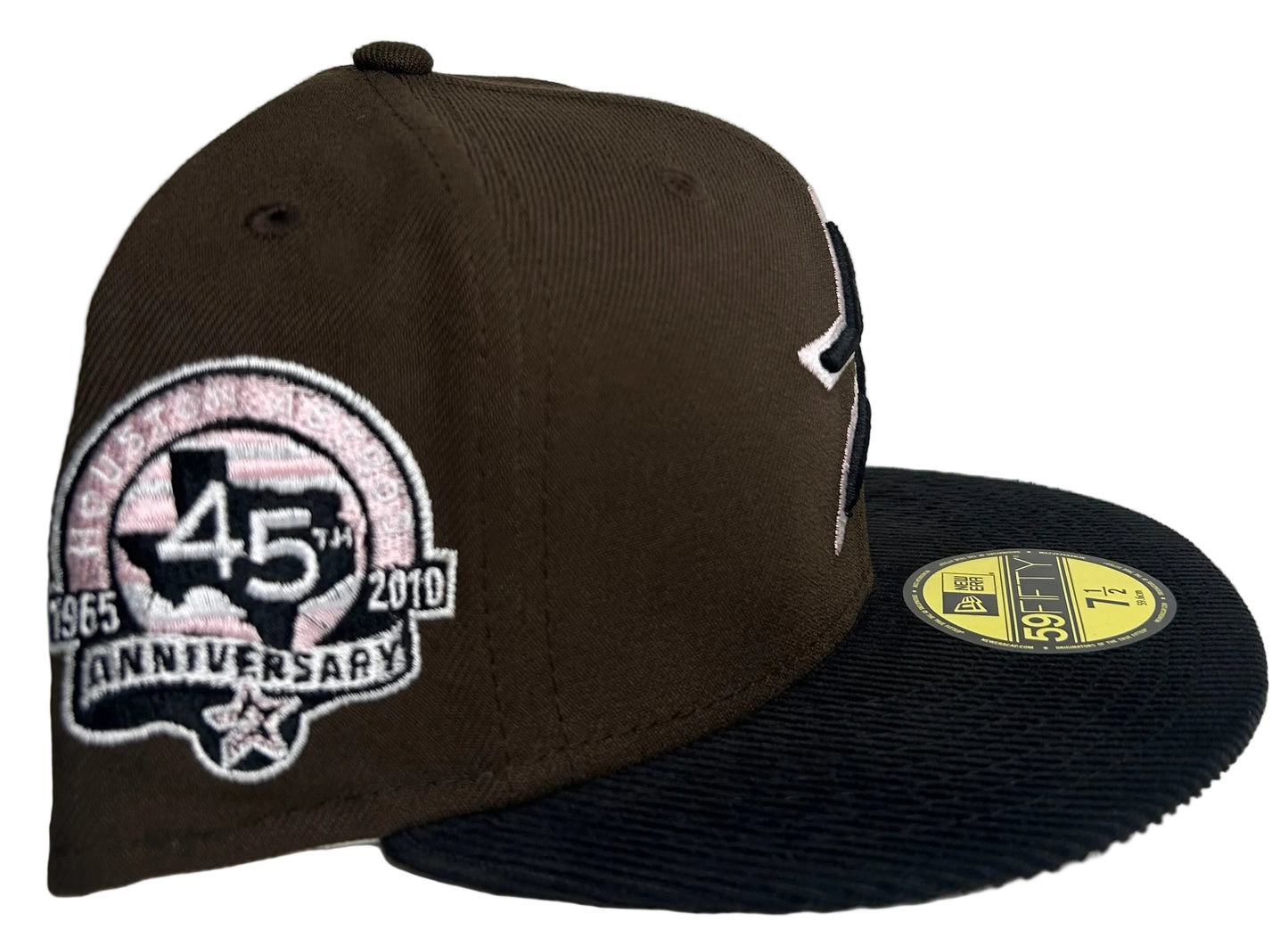 New Era Houston Astros 45th Anniversary fitted hat featuring a brown crown, a black corduroy visor, and a pink-accented side patch.