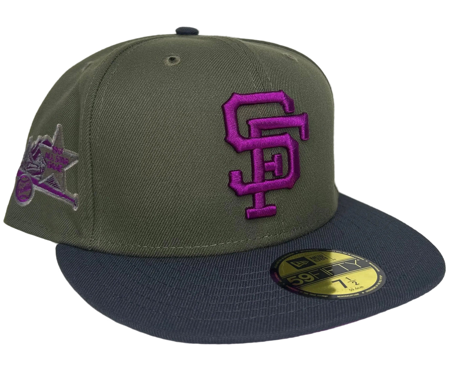 New Era San Francisco Giants fitted hat features a 1961 All-Star Game patch on the side and a vibrant purple undervisor.