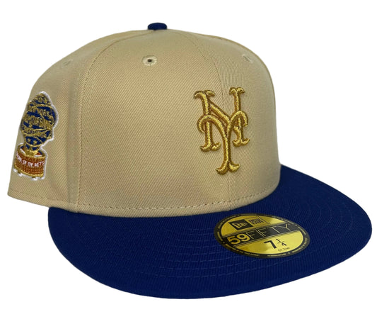 New Era New York Mets 59FIFTY fitted hat in a stone/vegas gold and navy blue colorway with a side patch, with an 1964 All-Star Game Patch.