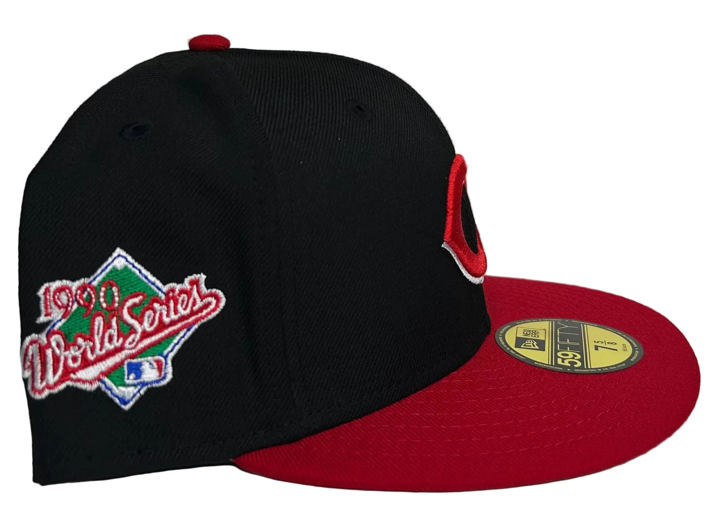 Cincinnati Reds 59FIFTY Fitted Hat by New Era, specifically an "Alternate Authentic Collection On-Field" 2-Tone model, custom version featuring 1990 World Series Side Patch.