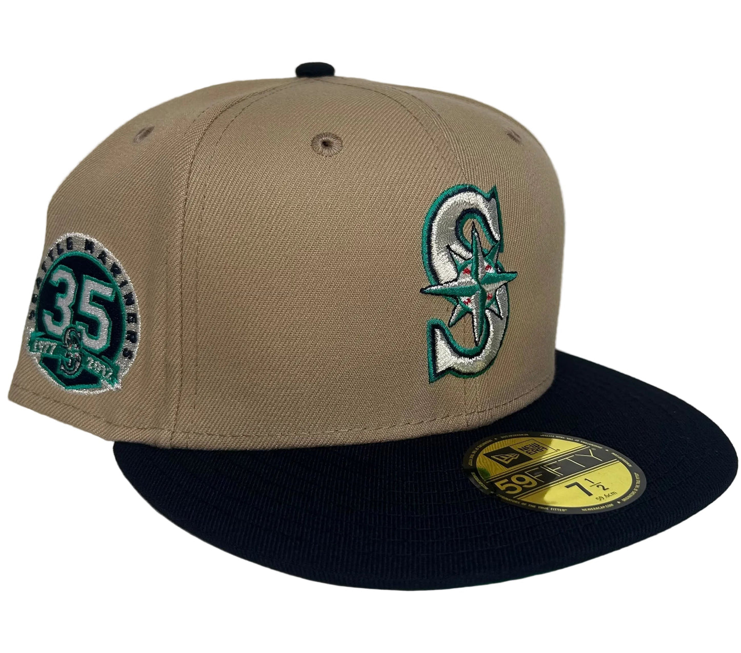 New Era 59FIFTY Seattle Mariners fitted hat features a camel brown crown, navy blue visor, and a 35th Anniversary side patch.