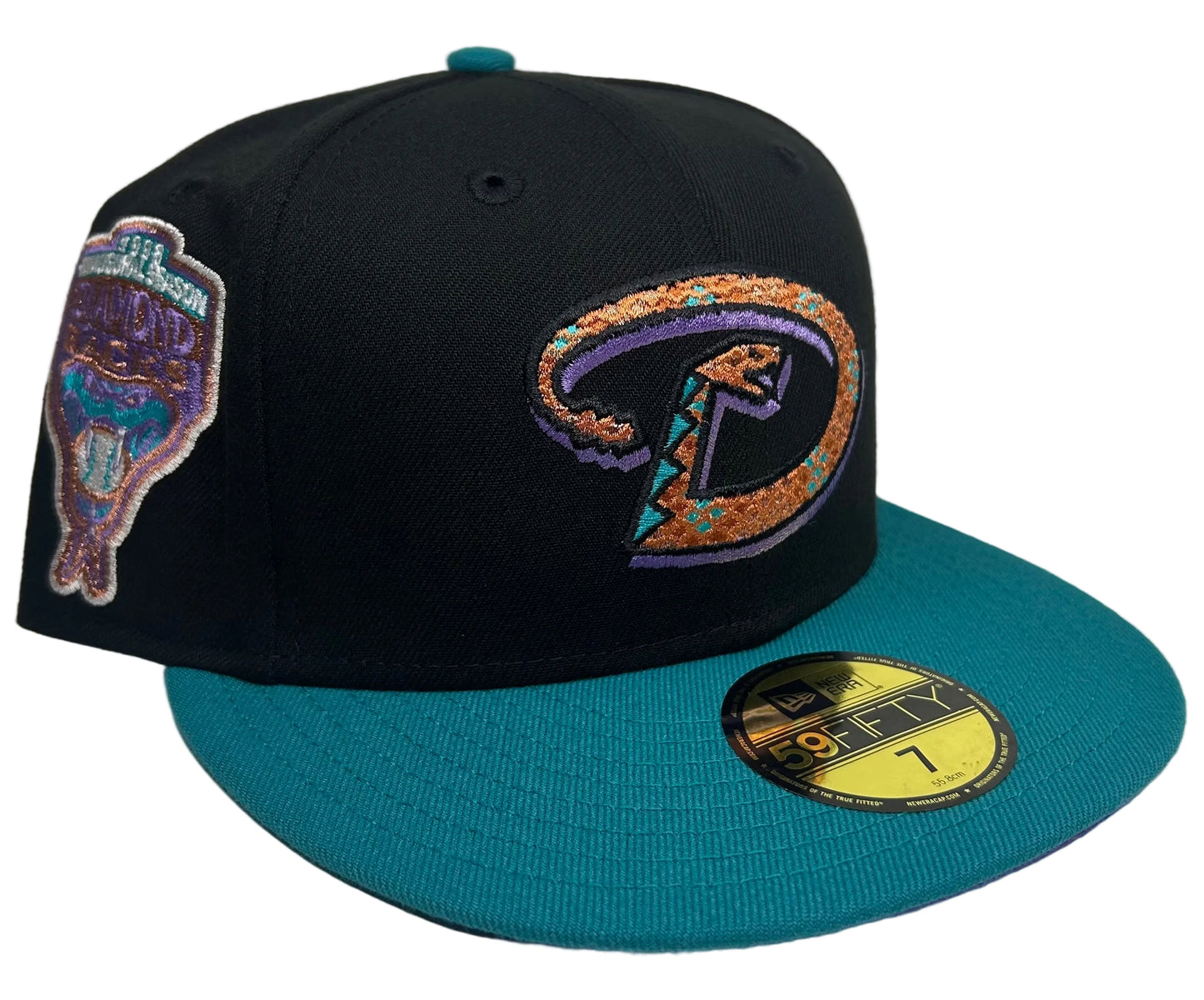 New Era 59FIFTY Arizona Diamondbacks fitted hat featuring a teal brim and a Copper snake "D" logo W/ a Purple UV.