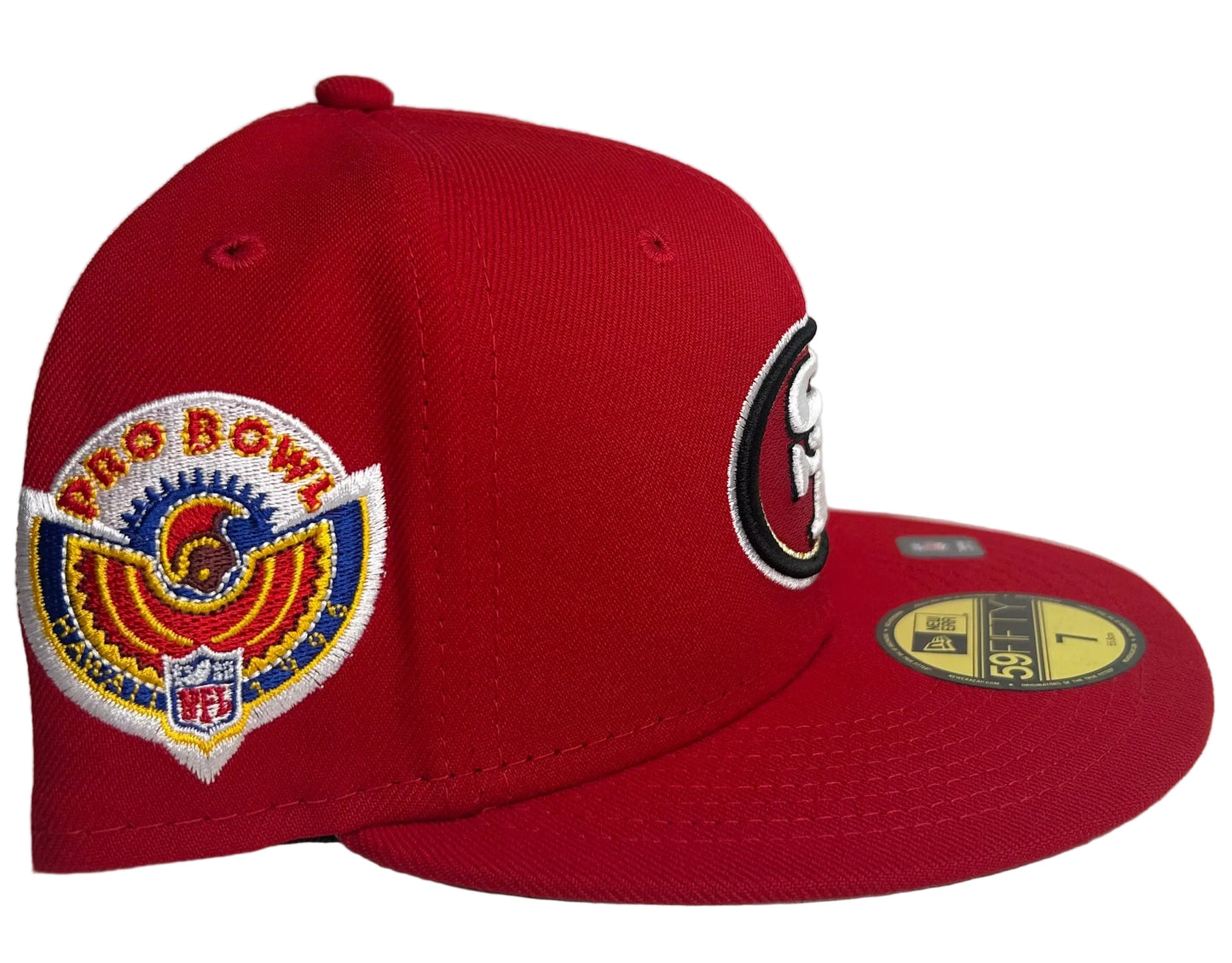 New Era 59FIFTY fitted cap features a prominent San Francisco 49ers logo and a 1996 Pro Bowl patch.