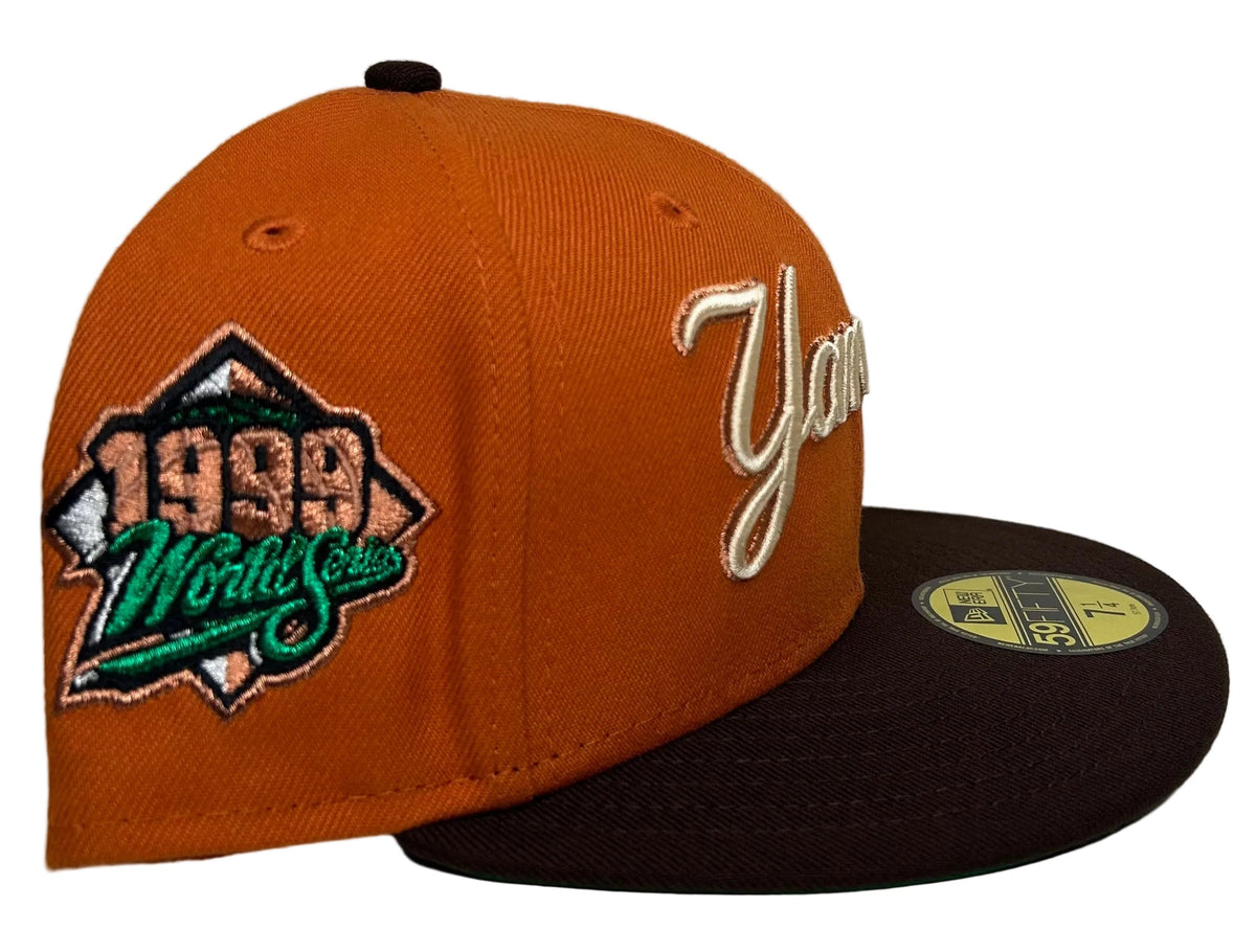 New York Yankees rust and walnut brown 59FIFTY featuring a cursive team script and a 1999 World Series side patch.