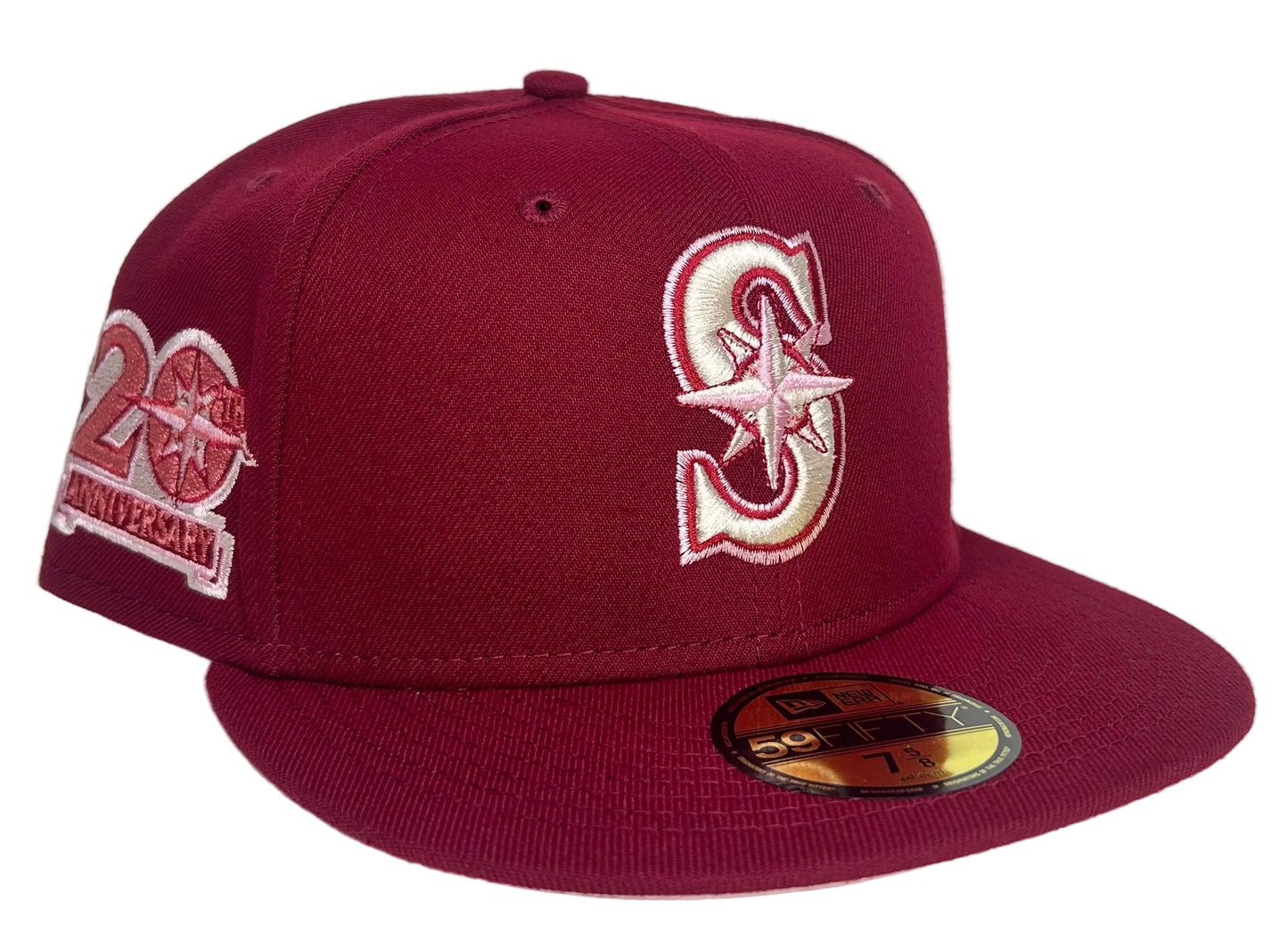 New Era Seattle Mariners Red Velvet 59Fifty Fitted Hat, likely a HC exclusive with a 20th Anniversary side patch