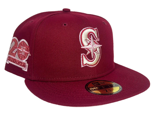New Era Seattle Mariners Red Velvet 59Fifty Fitted Hat, likely a HC exclusive with a 20th Anniversary side patch