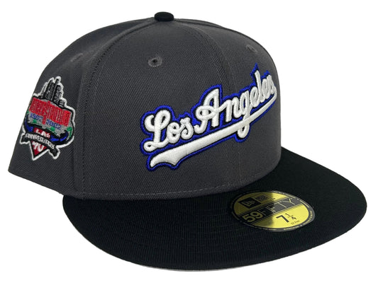 New Era Los Angeles Dodgers 59FIFTY fitted hat features a black crown and a prominent blue and white script logo.