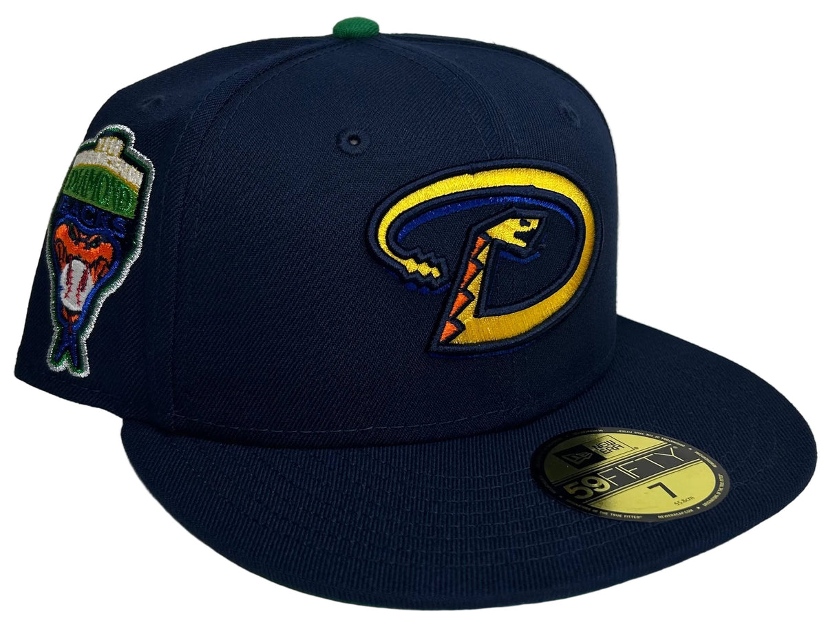 New Era Arizona Diamondbacks "Digimon” Oceanside Blue 59FIFTY fitted hat featuring a yellow and red snake 'D' logo and a 1998 inaugural side patch