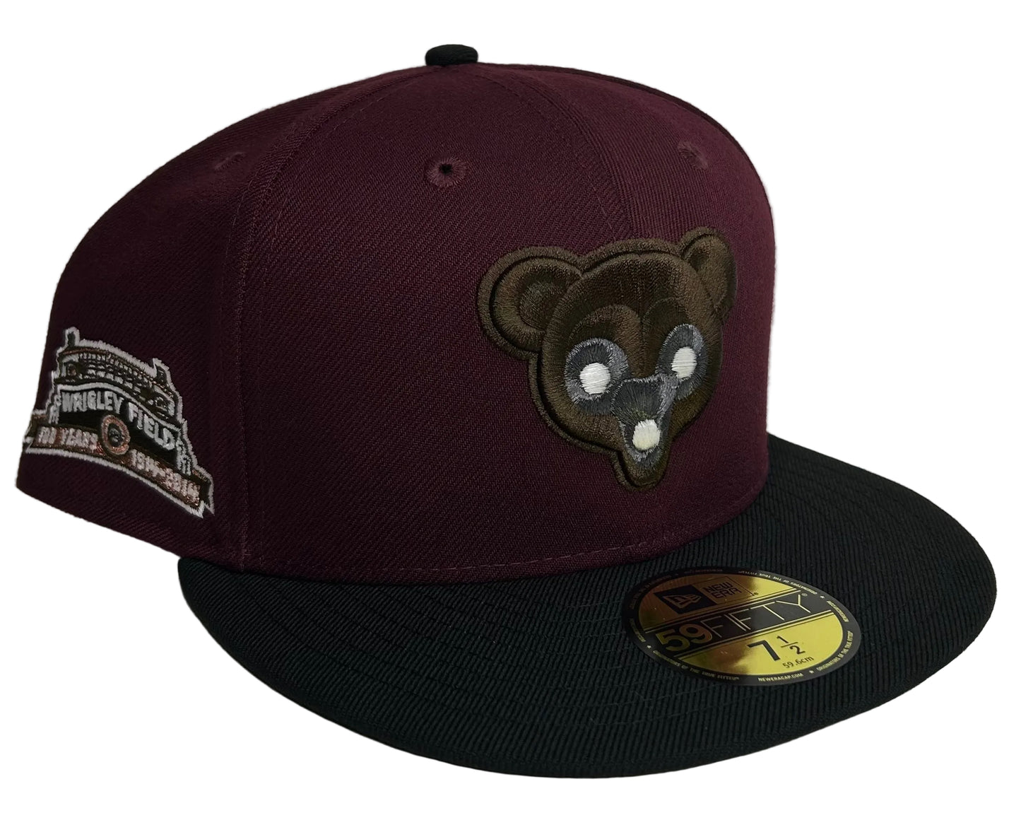 New Era 59FIFTY Chicago Cubs fitted hat features a maroon crown, black visor, and a special patch commemorating 100 years of Wrigley Field.