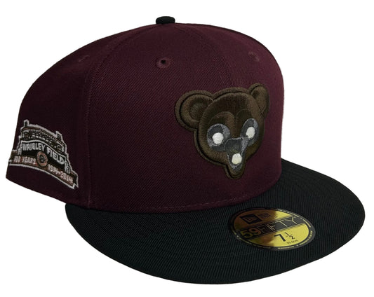 New Era 59FIFTY Chicago Cubs fitted hat features a maroon crown, black visor, and a special patch commemorating 100 years of Wrigley Field.