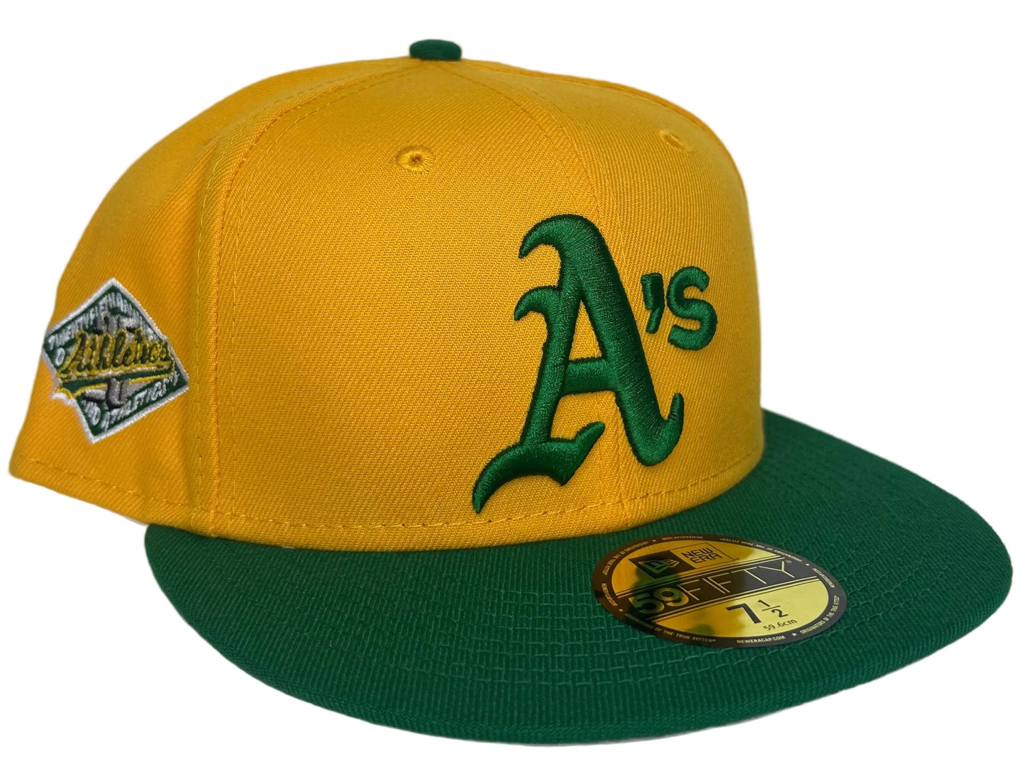 New Era Oakland Athletics 59FIFTY fitted cap featuring a yellow crown, green visor, and a special side patch.