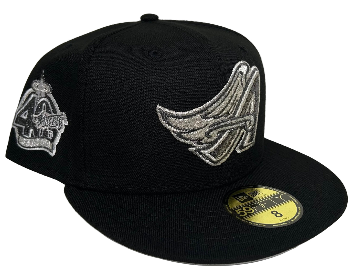 Los Angeles Angels New Era 59Fifty fitted hat featuring a silver embroidered halo "A" logo on the front and a 40th Season anniversary side patch on the right.