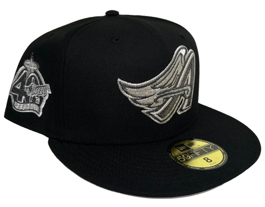 Los Angeles Angels New Era 59Fifty fitted hat featuring a silver embroidered halo "A" logo on the front and a 40th Season anniversary side patch on the right.