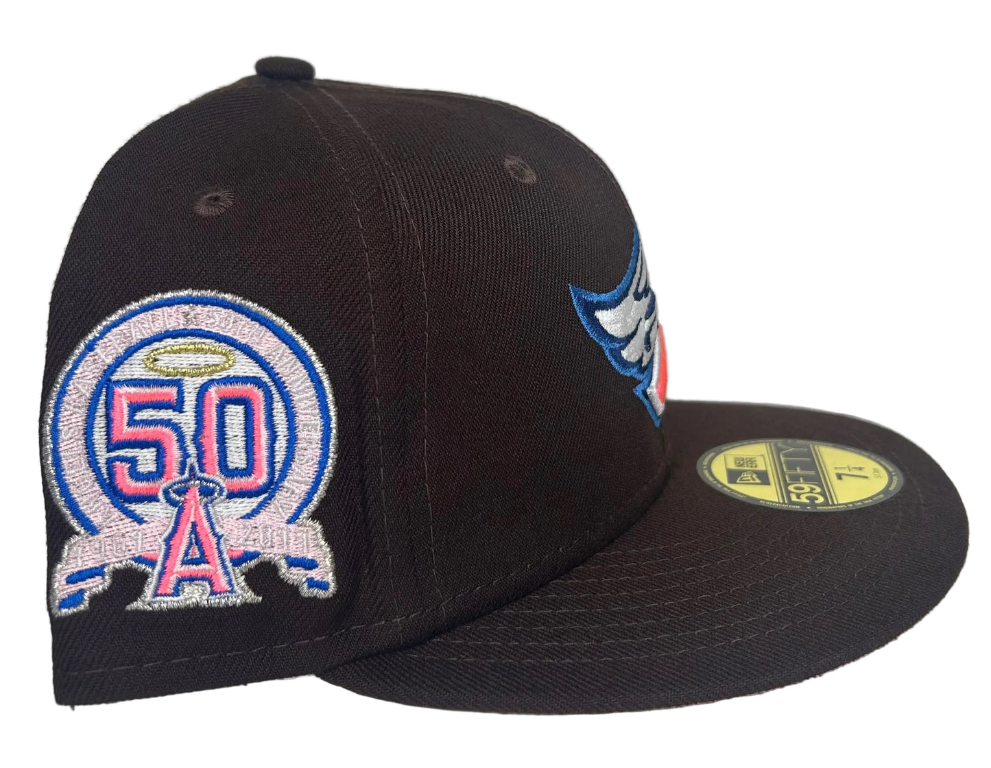 New Era 59FIFTY Los Angeles Angels fitted hat in Dark Brown with a 50th-anniversary side patch.