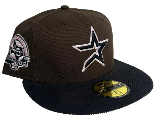 New Era Houston Astros 45th Anniversary fitted hat featuring a brown crown, a black corduroy visor, and a pink-accented side patch.