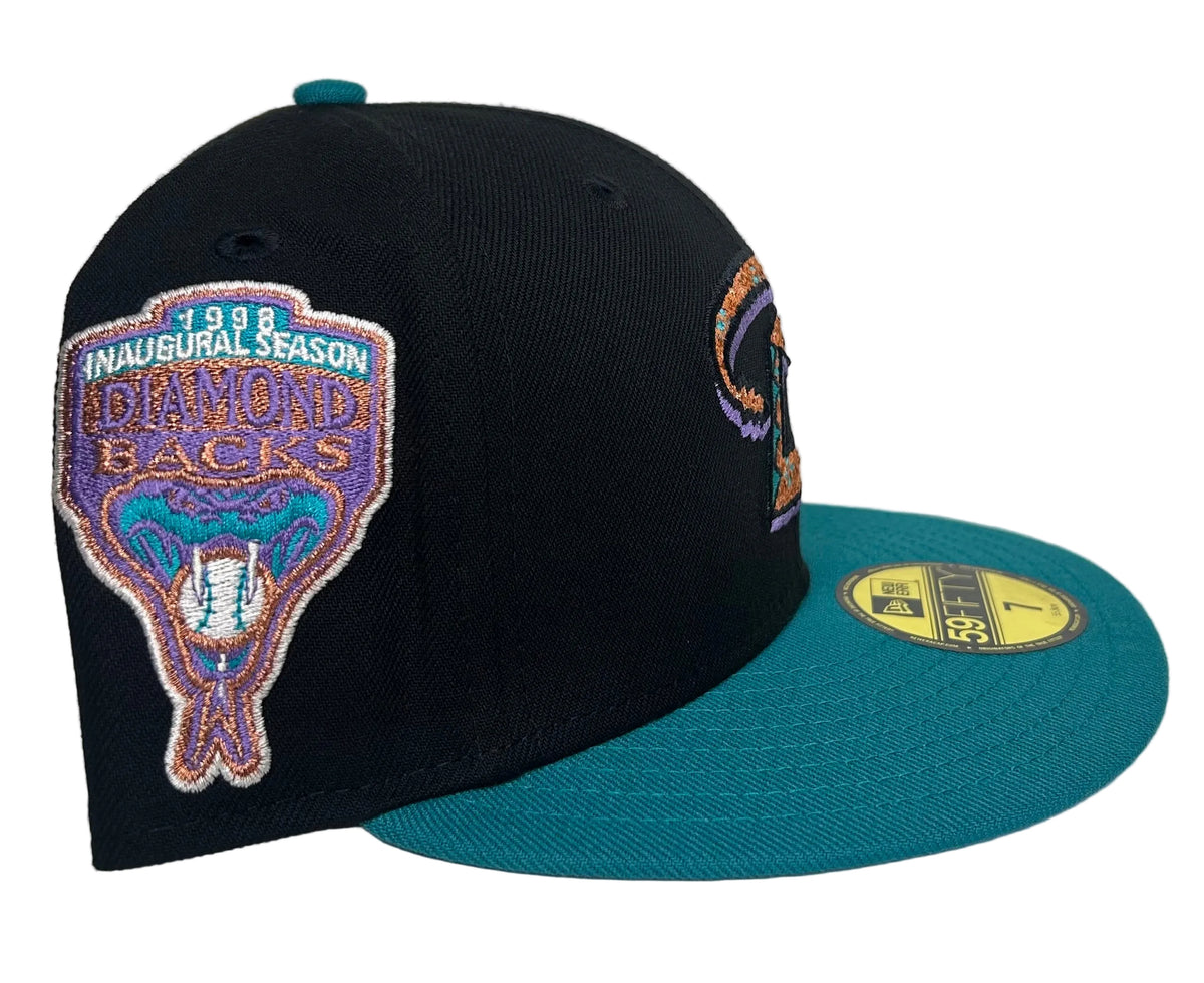 New Era 59FIFTY Arizona Diamondbacks fitted hat featuring a teal brim and a Copper snake "D" logo W/ a Purple UV.