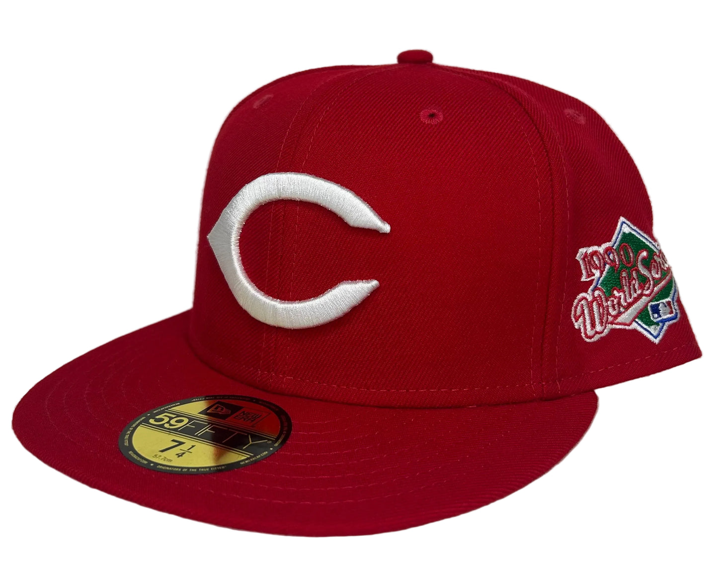 New Era Cincinnati Reds 59FIFTY fitted hat features a 1990 World Series side patch and a red crown.