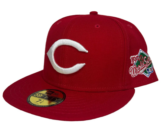 New Era Cincinnati Reds 59FIFTY fitted hat features a 1990 World Series side patch and a red crown.