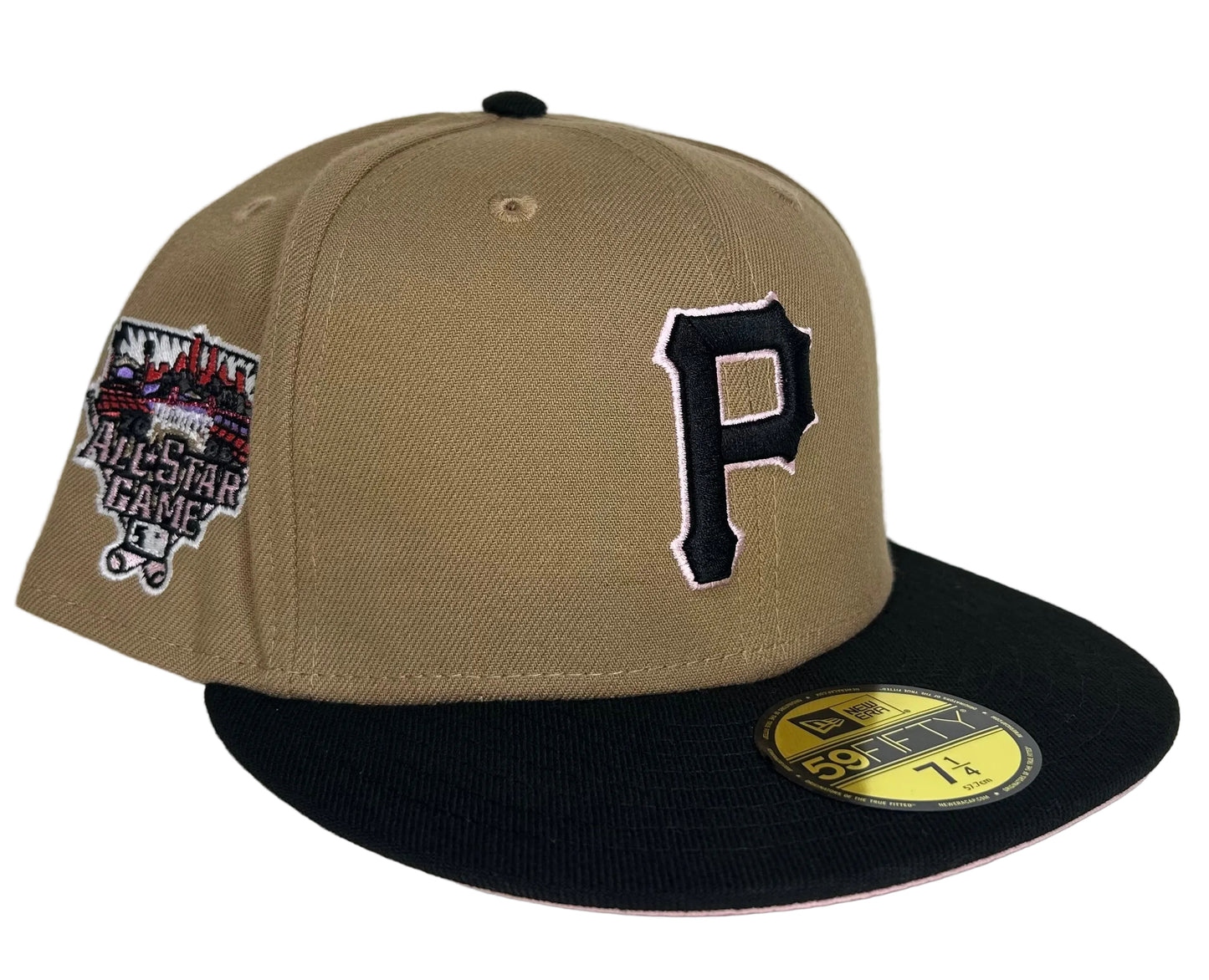 New Era 59Fifty fitted cap for the Pittsburgh Pirates features a tan crown, a black visor with a pink underside, and a distinctive All-Star Game side patch.