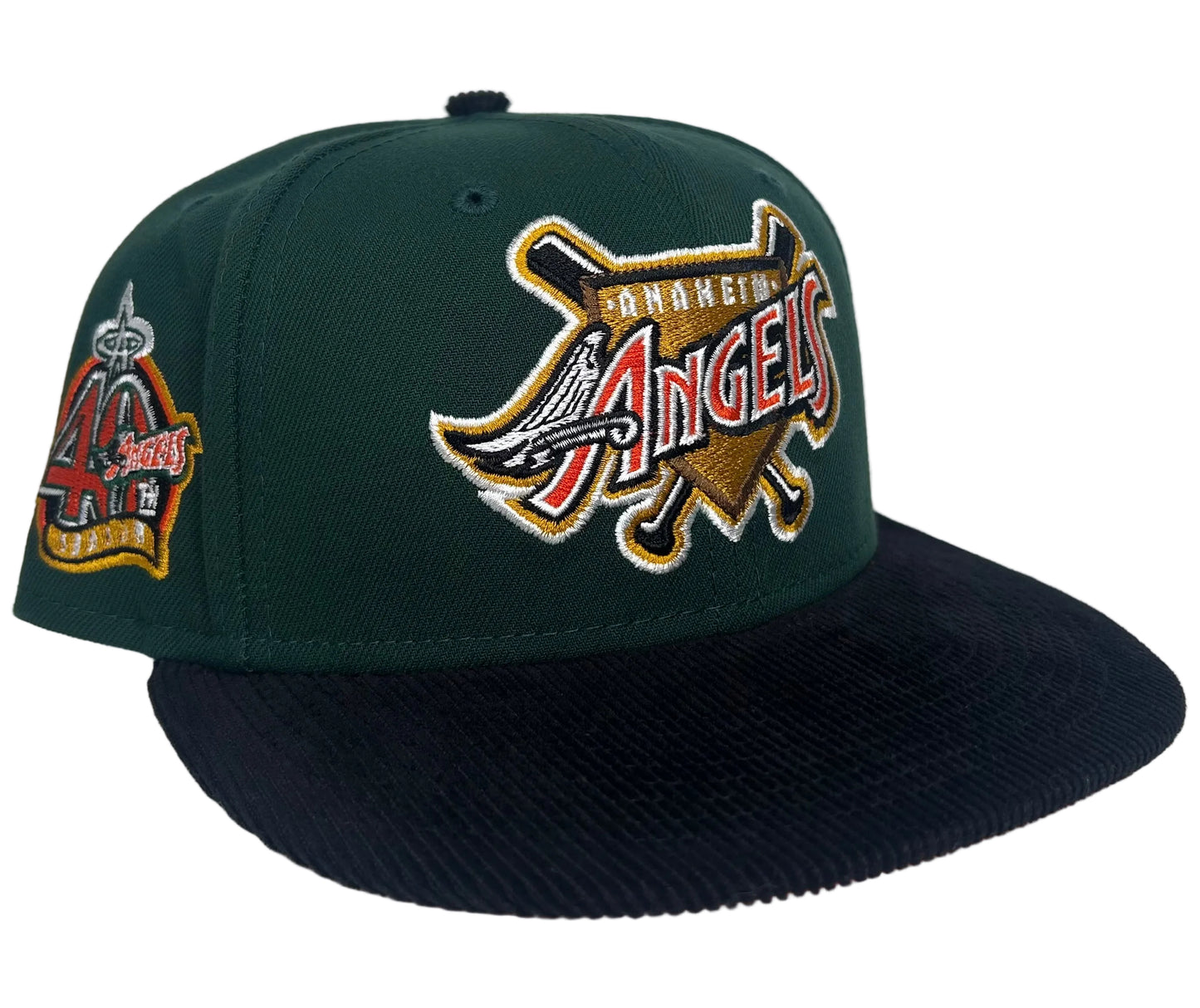 New Era Anaheim Angels Green & Black corduroy 59Fifty fitted cap with a 40th season side patch.