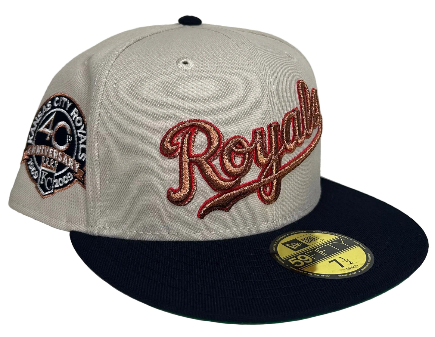 New Era Kansas City Royals 59Fifty fitted cap featuring a 40th anniversary side patch, cream crown, and navy blue visor.