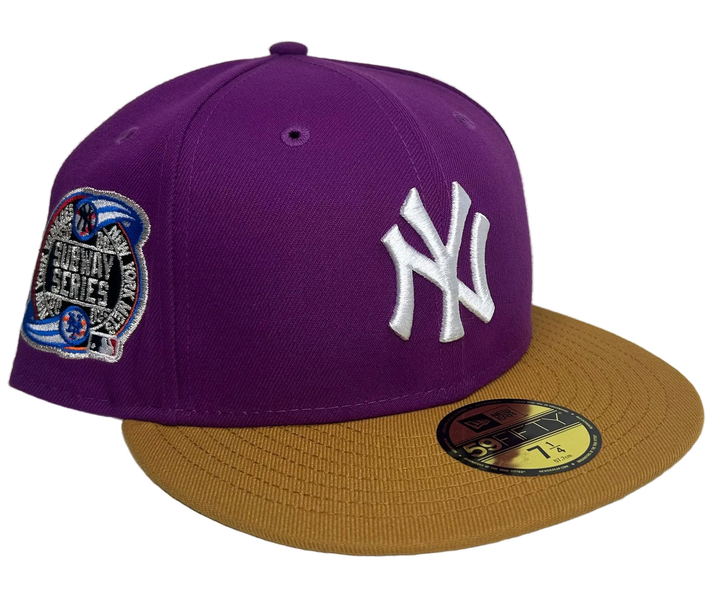New Era New York Yankees Grape Purple 59FIFTY fitted hat featuring a tan/camel brim and a 2000 Subway Series side patch.