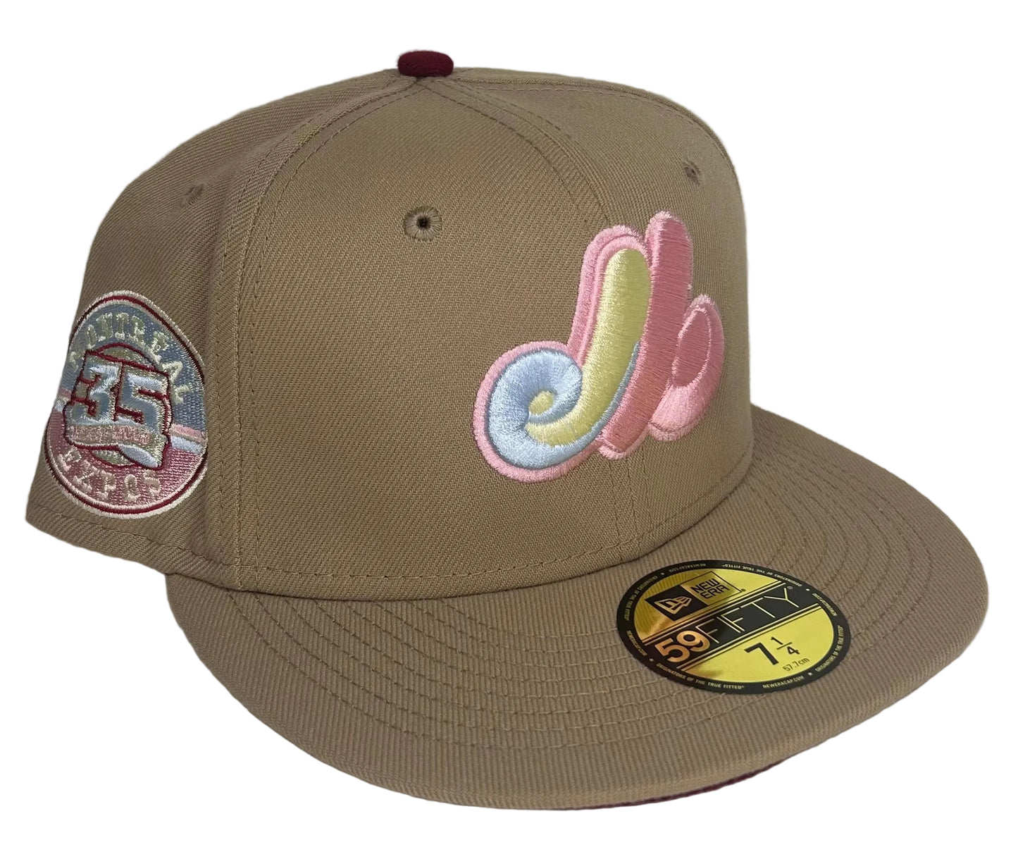 New Era Montreal Expos 59FIFTY fitted hat 
in a tan/brown colorway with pastel pink, yellow, and blue embroidery on the front logo.