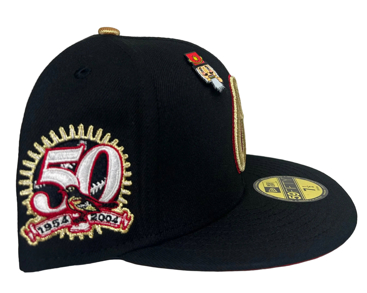 New Era Baltimore Orioles 59Fifty fitted hat features a black crown, a red undervisor, and a metallic gold "O's" logo on the front.