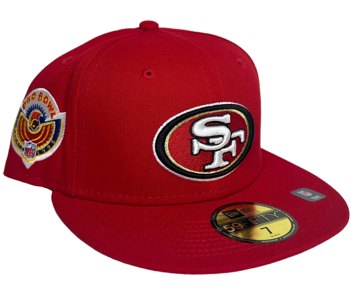 New Era 59FIFTY fitted cap features a prominent San Francisco 49ers logo and a 1996 Pro Bowl patch.