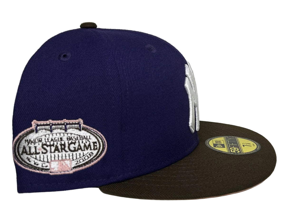 New Era 59FIFTY New York Yankees fitted hat featuring a purple crown, brown brim, and a 2008 MLB All-Star Game commemorative side patch.