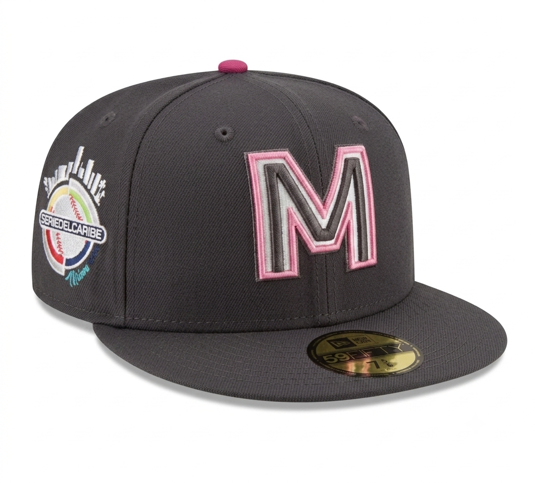 New Era Mexico Caribbean Series Home Gray 59FIFTY Fitted Hat featuring a prominent pink and white embroidered "M" on the front.