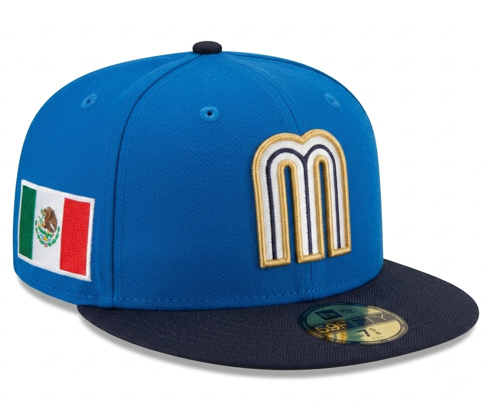 Mexico 2023 World Baseball Classic New Era 59Fifty fitted hat in a blue and navy colorway with a side flag patch.