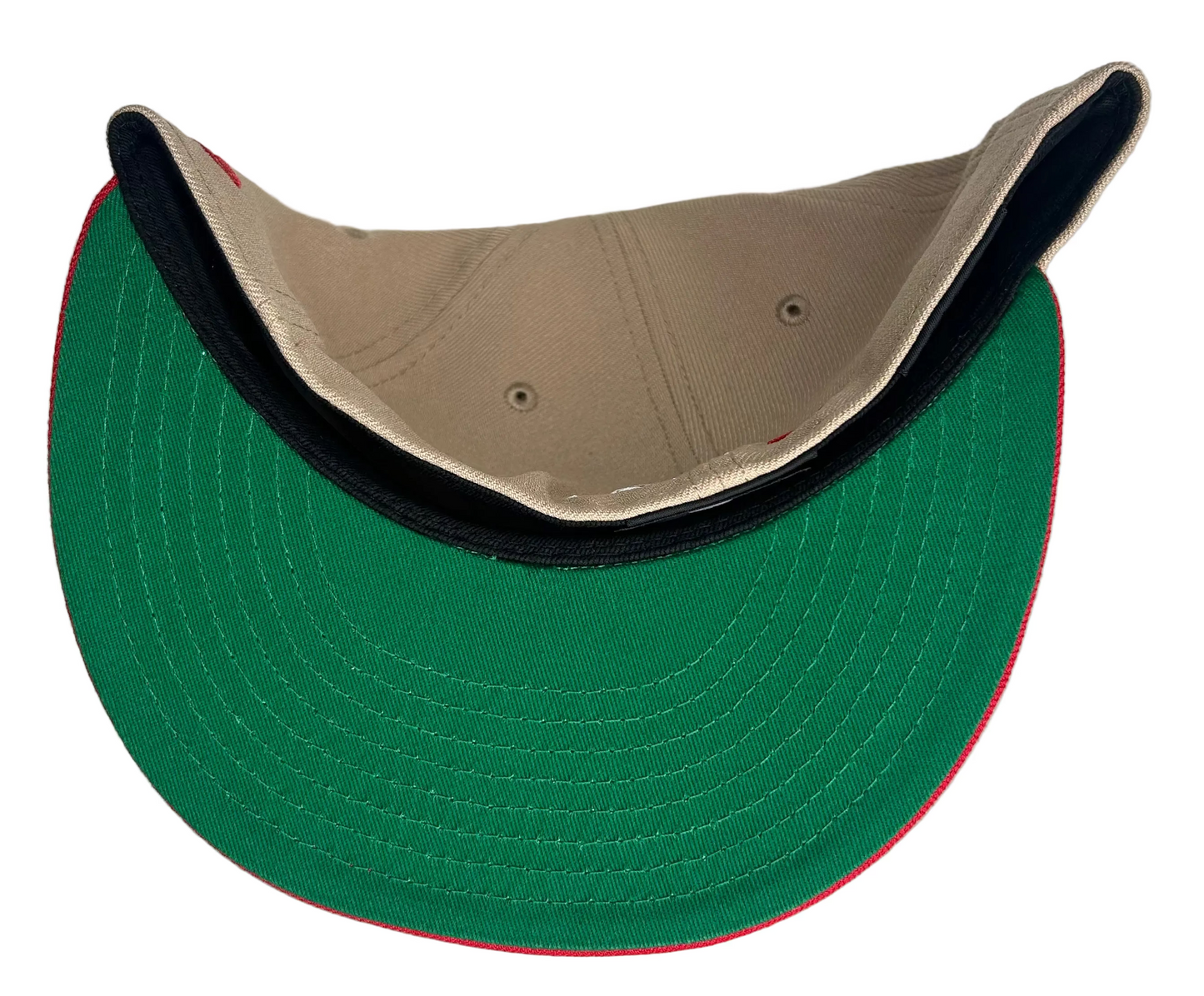 New Era Serie Del Caribe Mexico 59Fifty fitted cap features a two-tone khaki crown and red brim.