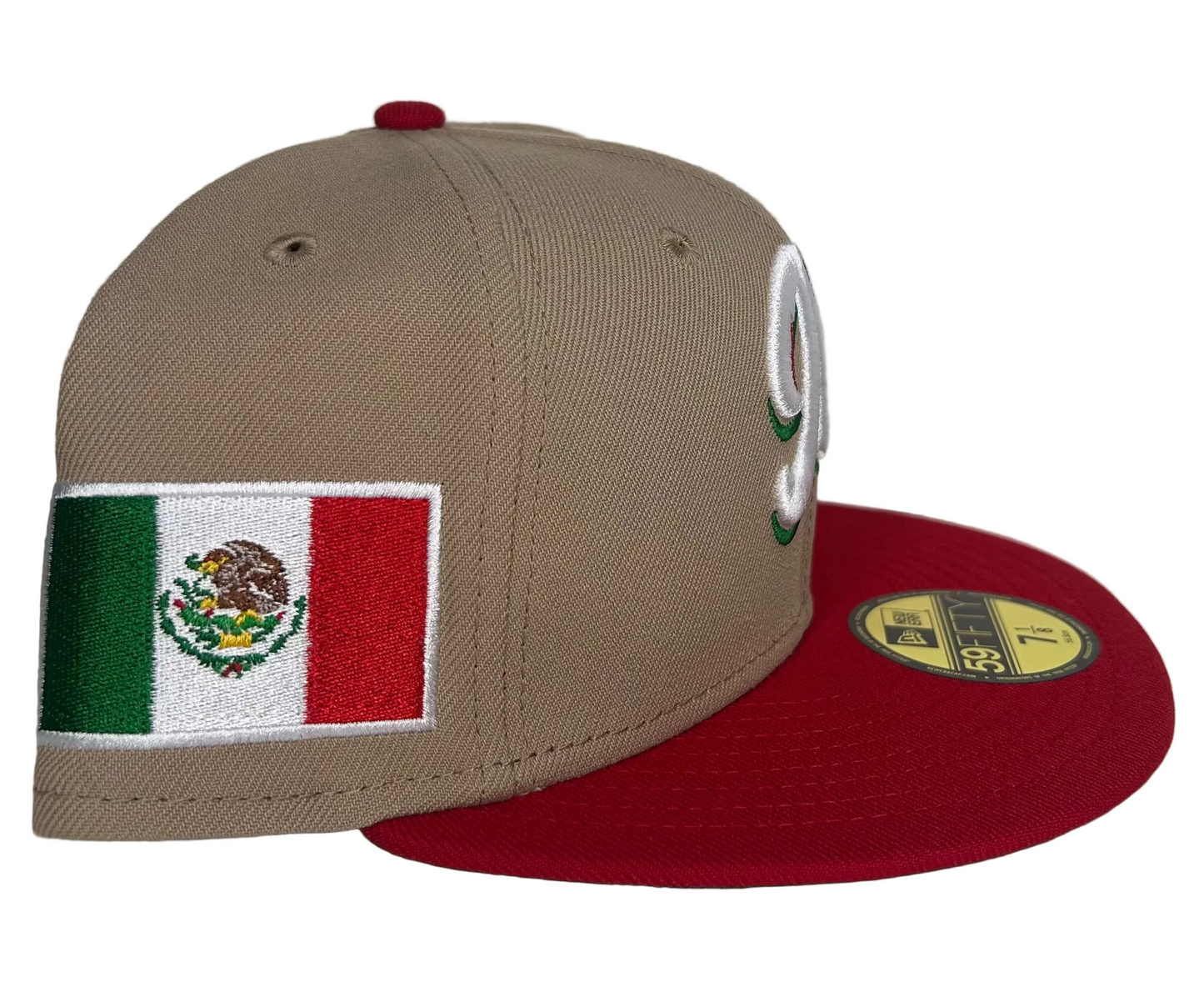 New Era Serie Del Caribe Mexico 59Fifty fitted cap features a two-tone khaki crown and red brim.