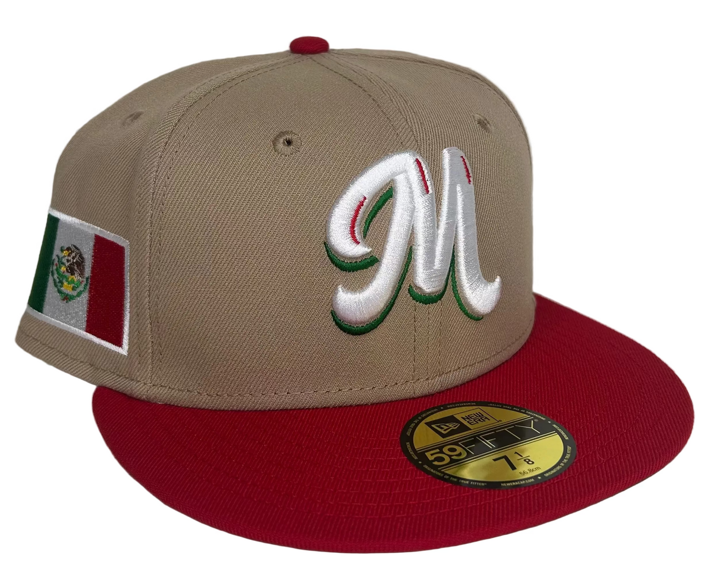 New Era Serie Del Caribe Mexico 59Fifty fitted cap features a two-tone khaki crown and red brim.