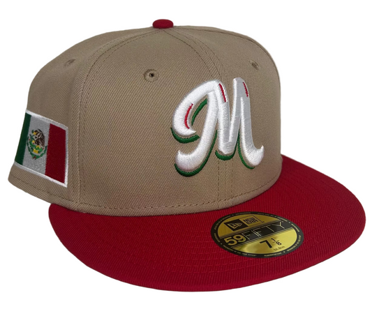 New Era Serie Del Caribe Mexico 59Fifty fitted cap features a two-tone khaki crown and red brim.