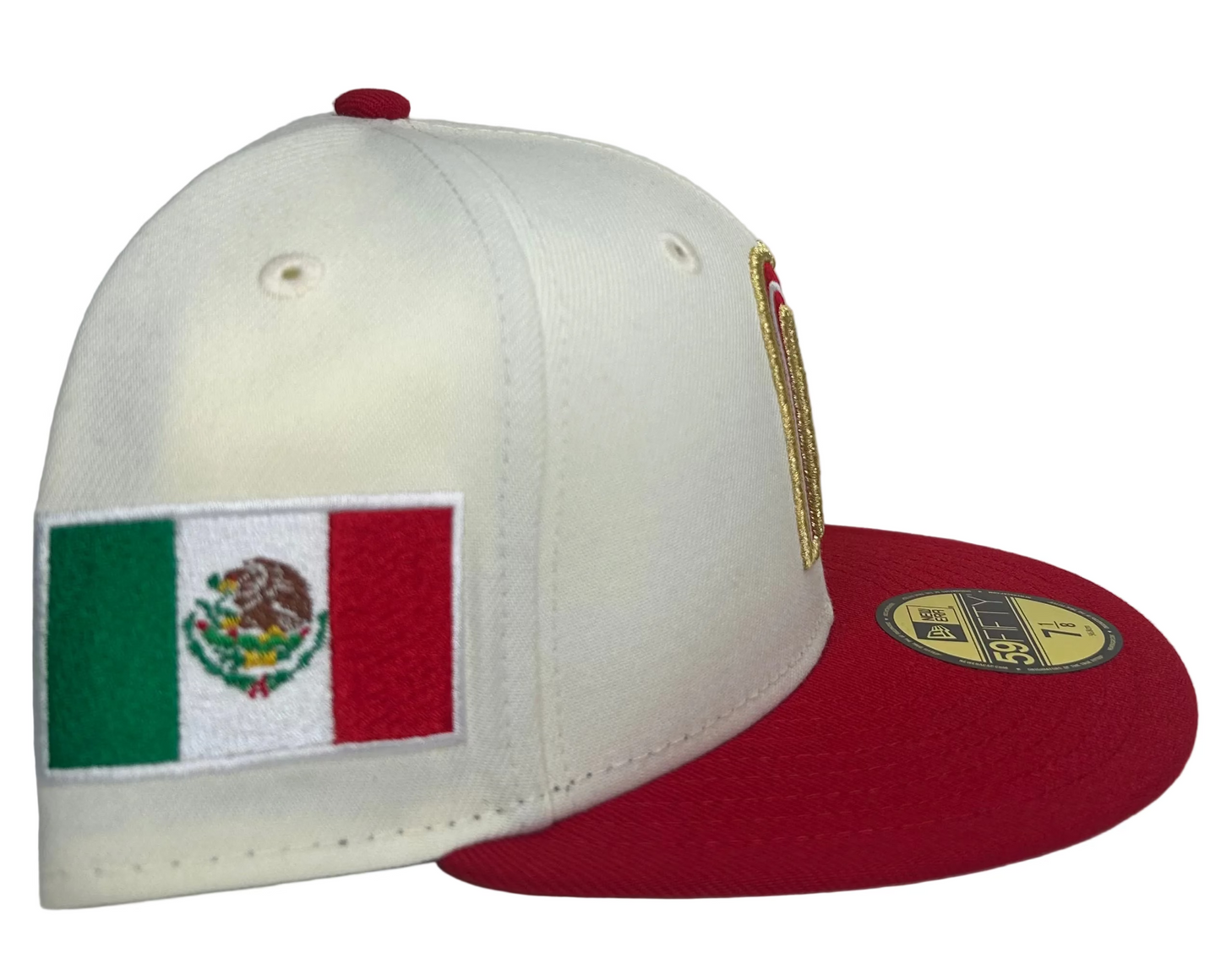 New Era 59FIFTY fitted hat features a cream-colored crown, a red visor, and an embroidered Mexican flag patch on the side.