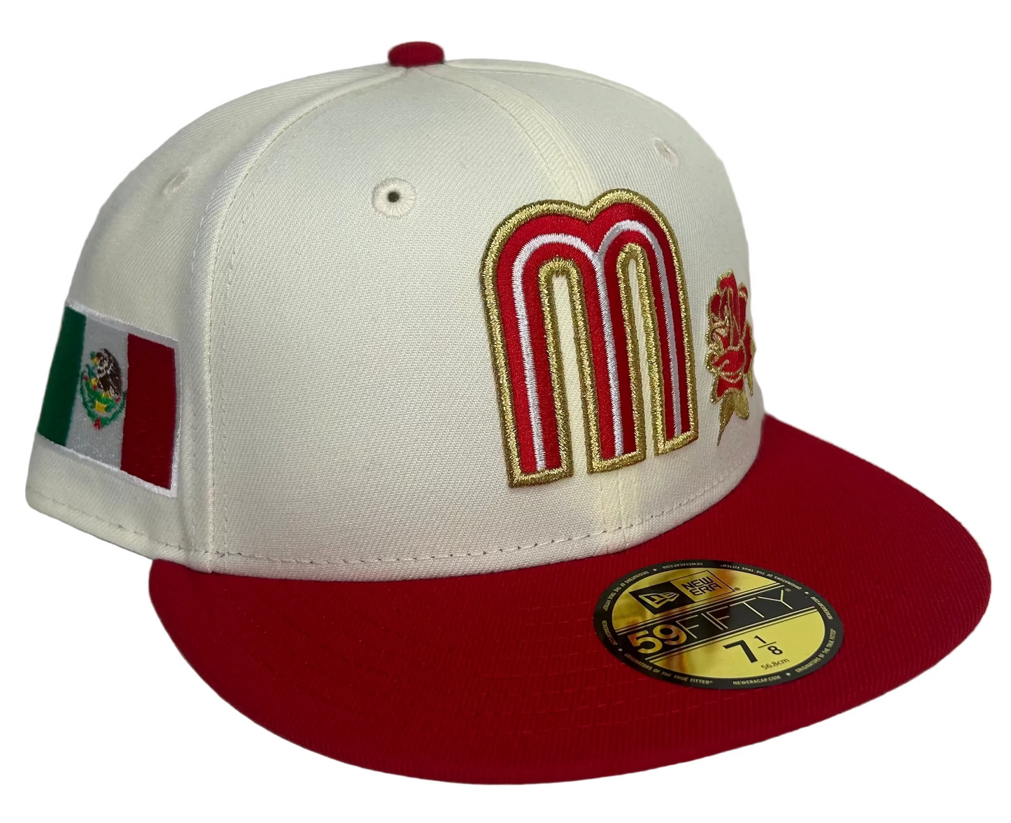 New Era 59FIFTY fitted hat features a cream-colored crown, a red visor, and an embroidered Mexican flag patch on the side.
