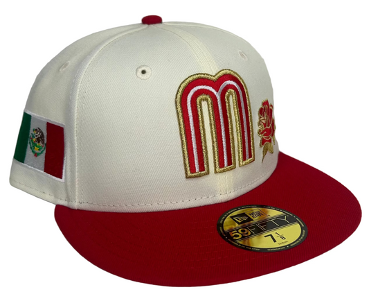 New Era 59FIFTY fitted hat features a cream-colored crown, a red visor, and an embroidered Mexican flag patch on the side.