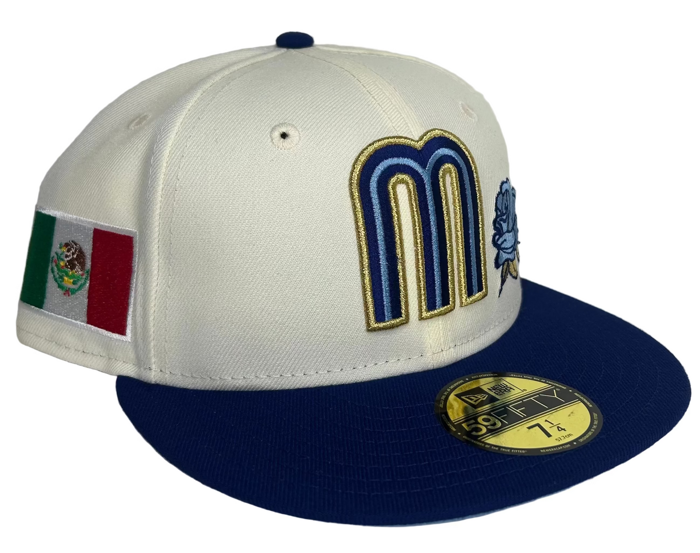 New Era 59FIFTY fitted hat features a two-tone design with a cream crown and royal blue visor.