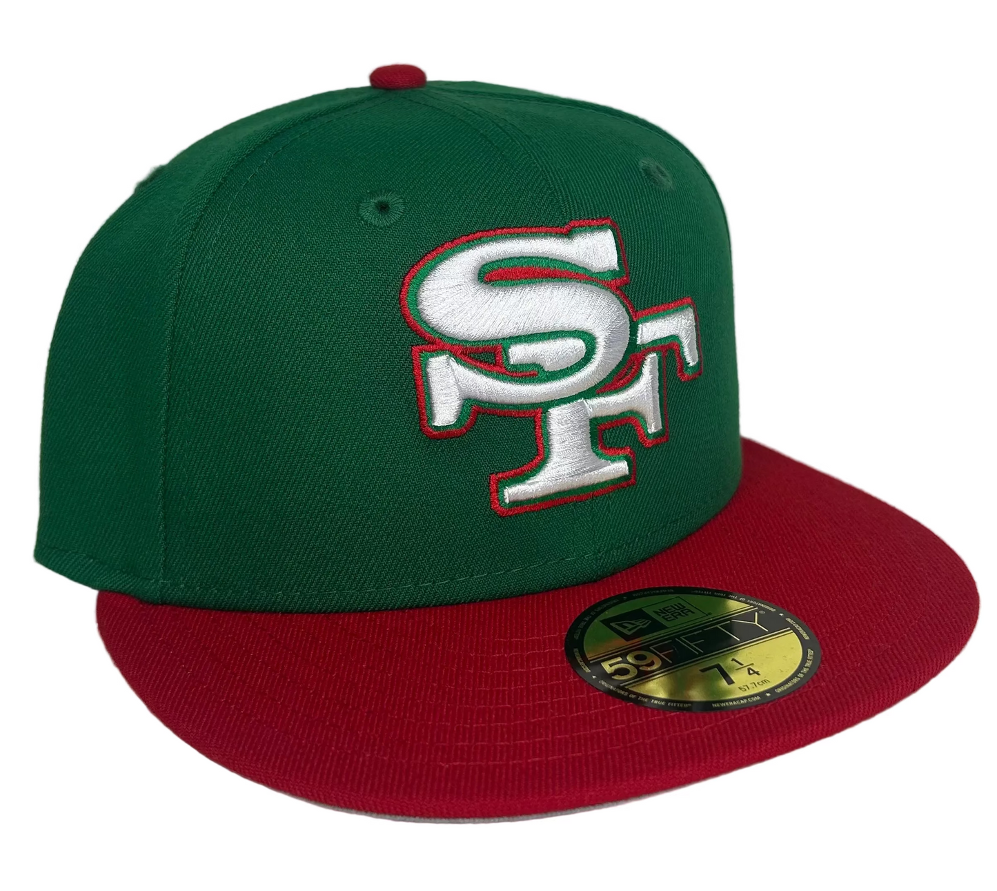 San Francisco 49ers “Mexico”  New Era 59FIFTY fitted hat features a vibrant green crown with a contrasting red visor and a raised silver embroidered logo.