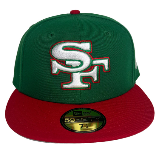 San Francisco 49ers “Mexico”  New Era 59FIFTY fitted hat features a vibrant green crown with a contrasting red visor and a raised silver embroidered logo.