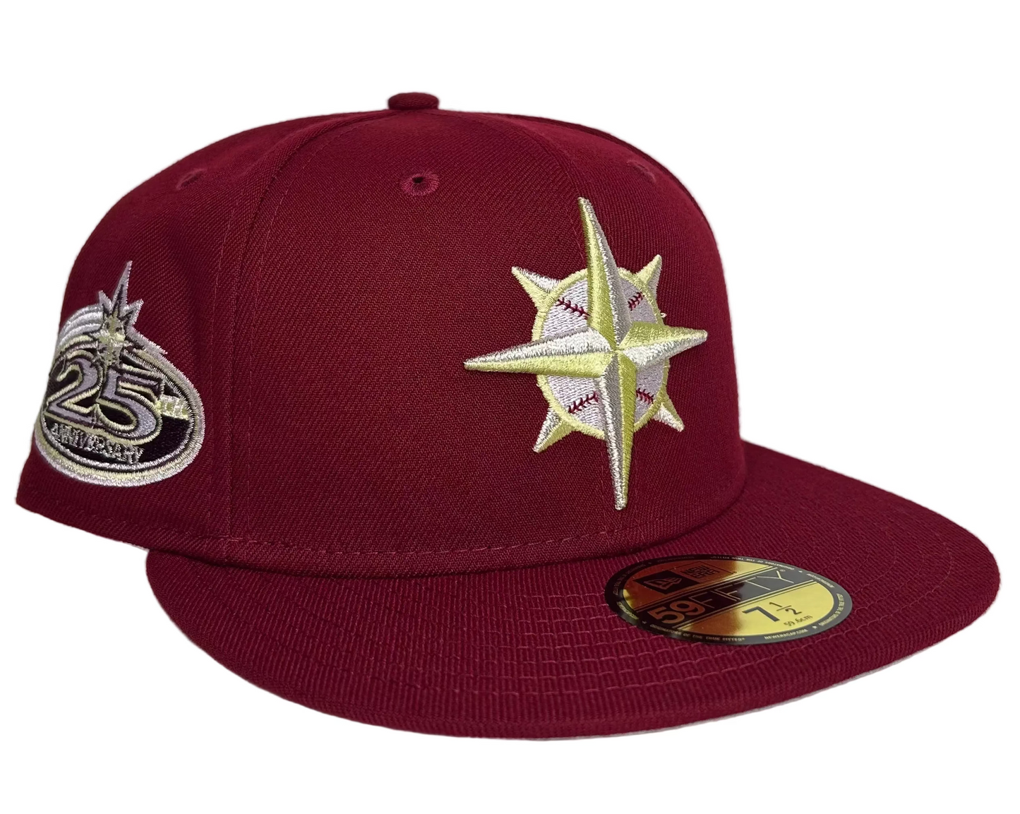 HC Exclusive Seattle Mariners New Era 59FIFTY fitted hat featuring a 25th Anniversary side patch “Beanpot” pack.