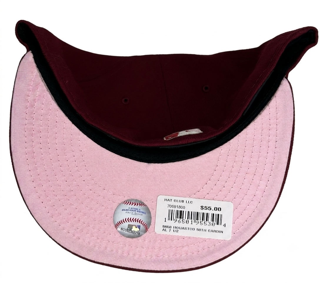 New Era Houston Astros "Red Velvet" 59FIFTY fitted hat featuring a maroon crown and a special 50th-anniversary side patch.