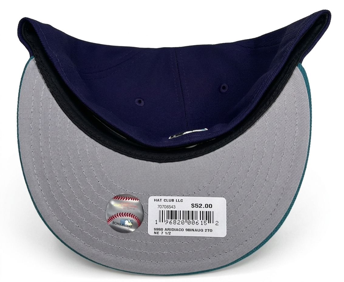 New Era 59Fifty Arizona Diamondbacks fitted hat is a "jersey script" design featuring a purple crown and teal visor.