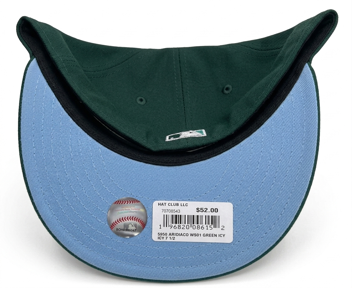 New Era Arizona Diamondbacks "Green Icy" 59FIFTY fitted hat features a dark green crown and visor with a vibrant snake logo and a 2001 World Series side patch.