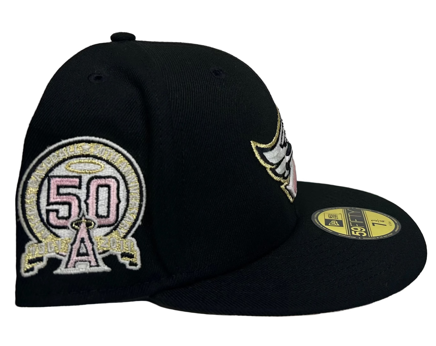 New Era Los Angeles Angels 50th Season 59FIFTY fitted hat featuring a black crown with pink and gold embroidery.