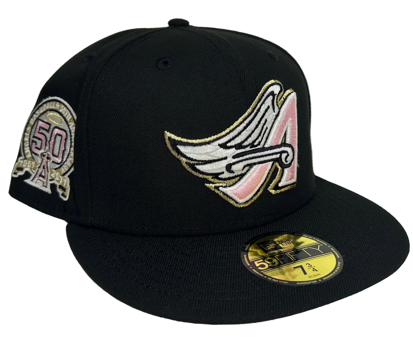 New Era Los Angeles Angels 50th Season 59FIFTY fitted hat featuring a black crown with pink and gold embroidery.